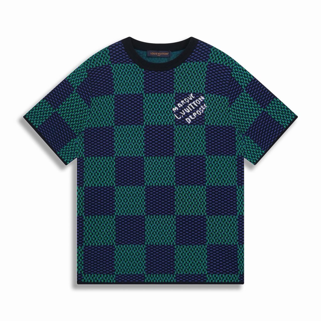 Cotton T-Shirt With Damier Jacquard Fabric In Green And Blue 1Ahbct