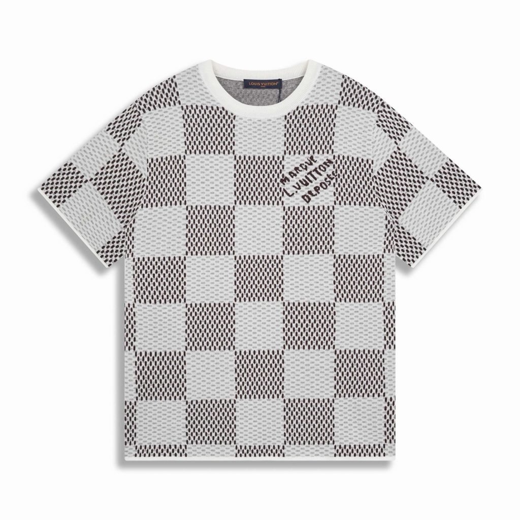 Cotton T-Shirt With Damier Jacquard Fabric In Grey And White
