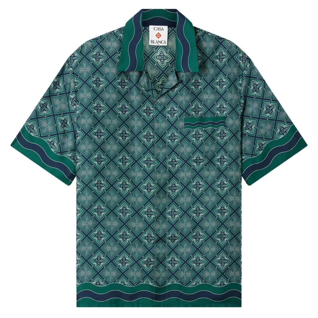 Dark Green Radiating Monogram Short Sleeve Silk Shirt – Sh536