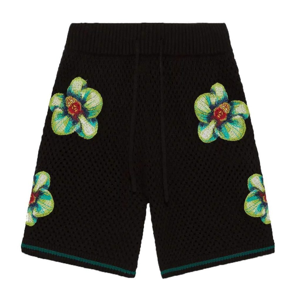 Glitch Orchid Embroidered Crochet Shorts In Black