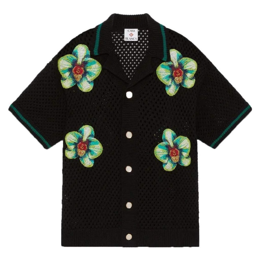 Glitch Orchid Embroidered Short Sleeve Crochet Shirt In Black – Sh544