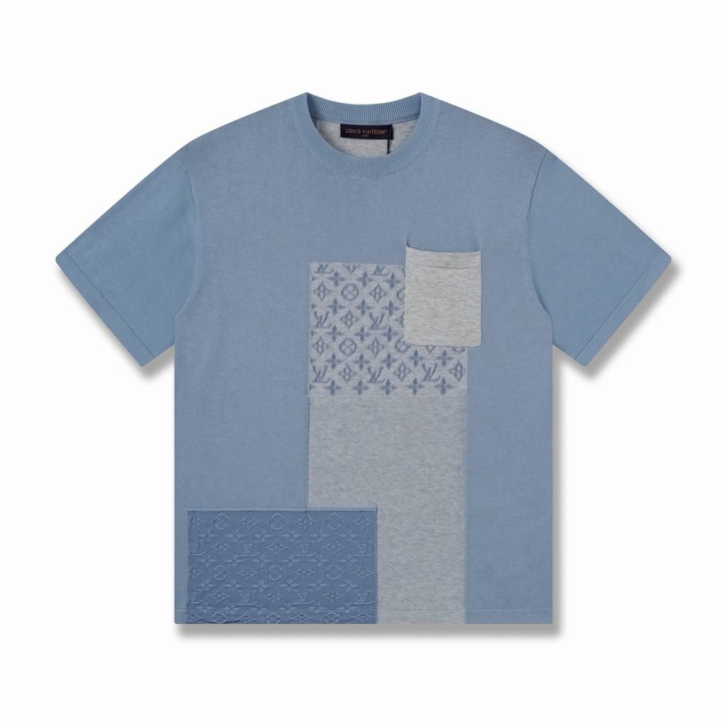 Knitted Patchwork Denim Short-Sleeved Crewneck 1Ak6Xw