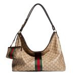 Large Shoulder Bag With Web Sand And Dark Brown GG Coated Canvas