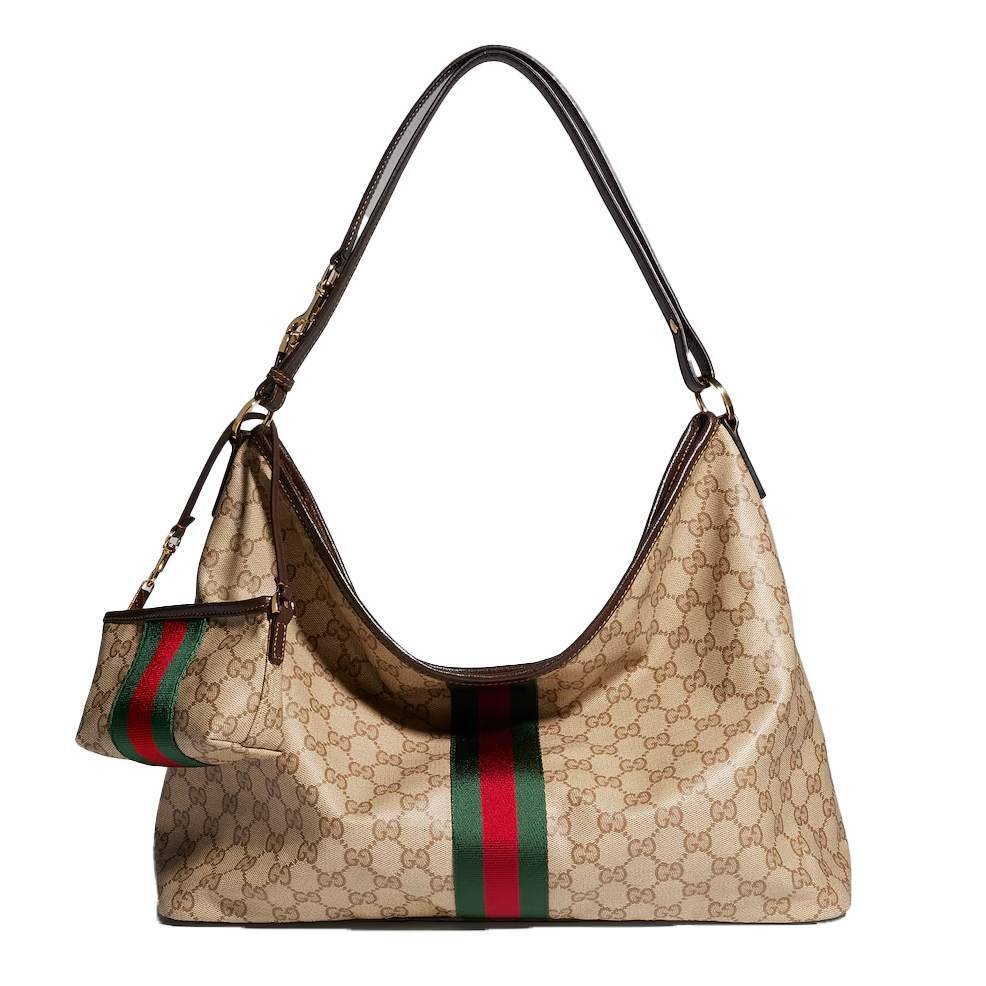 Large Shoulder Bag With Web Sand And Dark Brown GG Coated Canvas