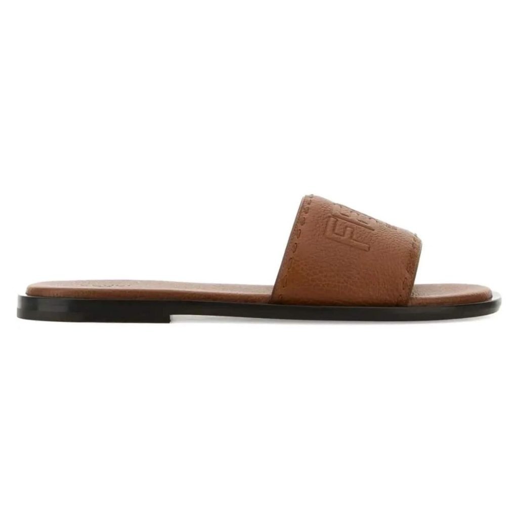 Roma Logo Embossed Slides Brown Leather – Fd186