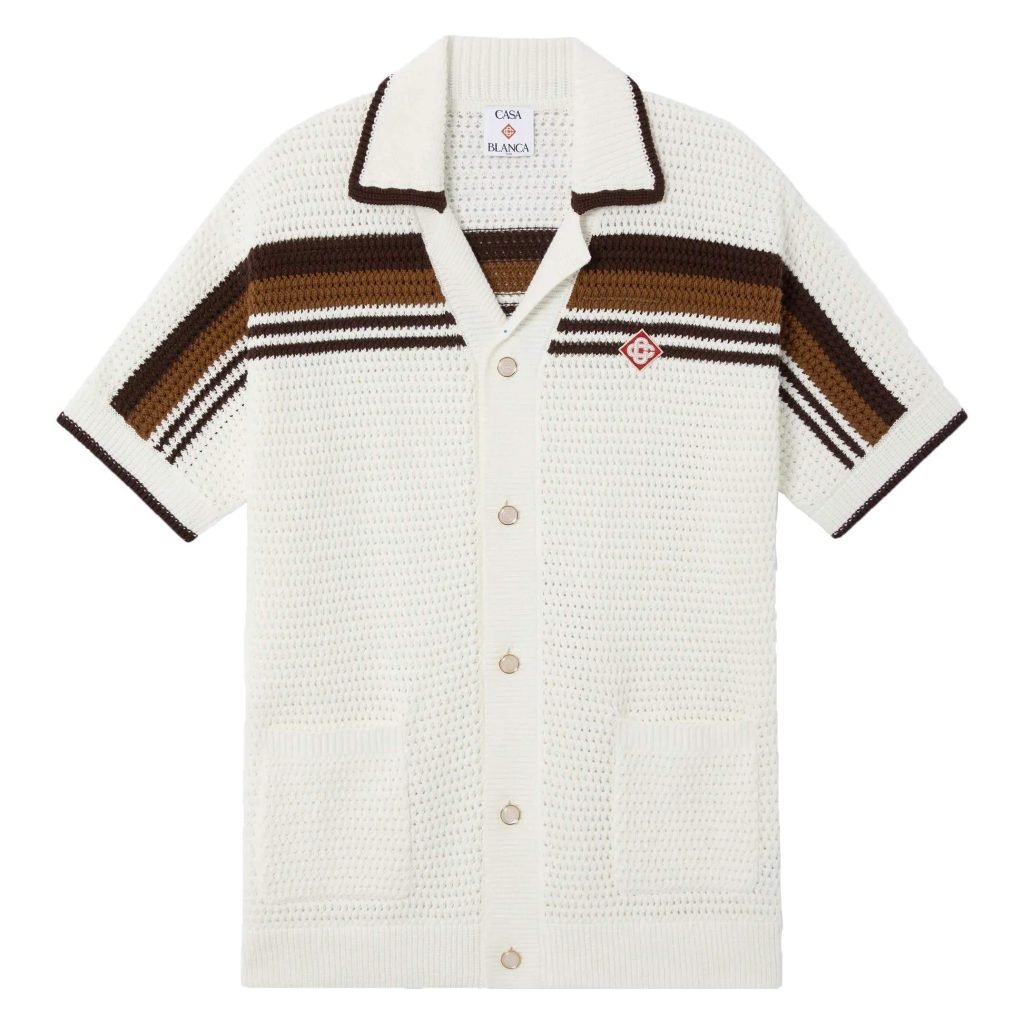 White & Brown Tennis Stripe Crochet Short Sleeve Shirt – Sh542