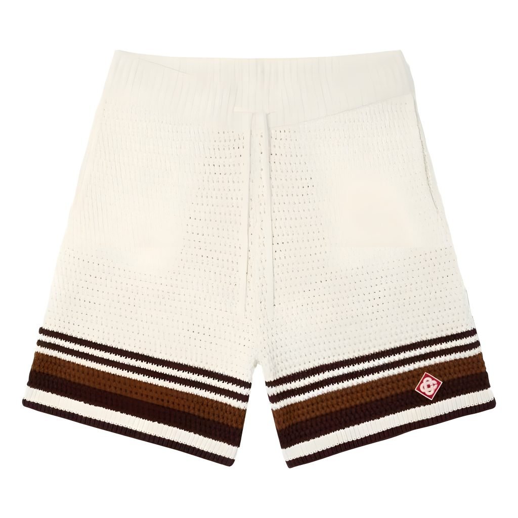 White & Brown Tennis Stripe Crochet Shorts