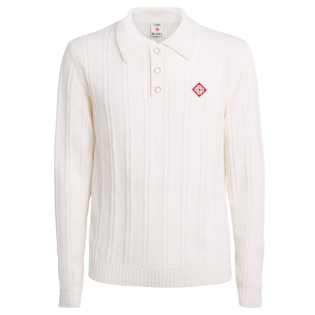 Boucle Long-Sleeve Polo Sweater In White – Sk808
