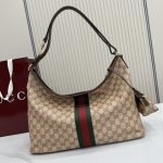 Large Shoulder Bag With Web Sand And Dark Brown GG Coated Canvas