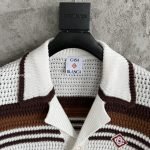 White & Brown Tennis Stripe Crochet Short Sleeve Shirt – Sh542