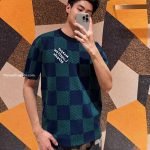 Cotton T-Shirt With Damier Jacquard Fabric In Green And Blue 1Ahbct