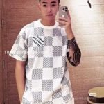 Cotton T-Shirt With Damier Jacquard Fabric In Grey And White