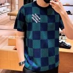 Cotton T-Shirt With Damier Jacquard Fabric In Green And Blue 1Ahbct