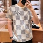 Cotton T-Shirt With Damier Jacquard Fabric In Grey And White